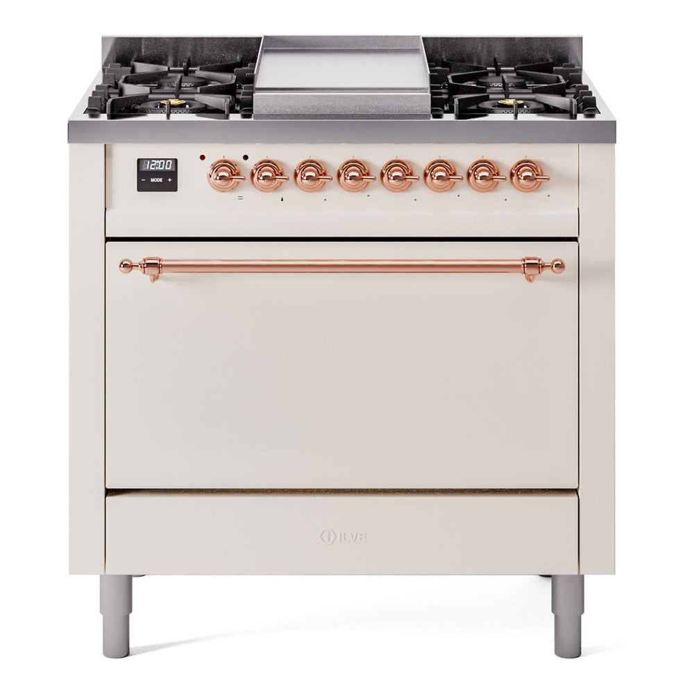 ILVE Nostalgie II 36-Inch Propane Dual Fuel Range, 6 Burners, Solid Door Oven, Antique White with Copper Trim (UP36FQNMPAWPLP)