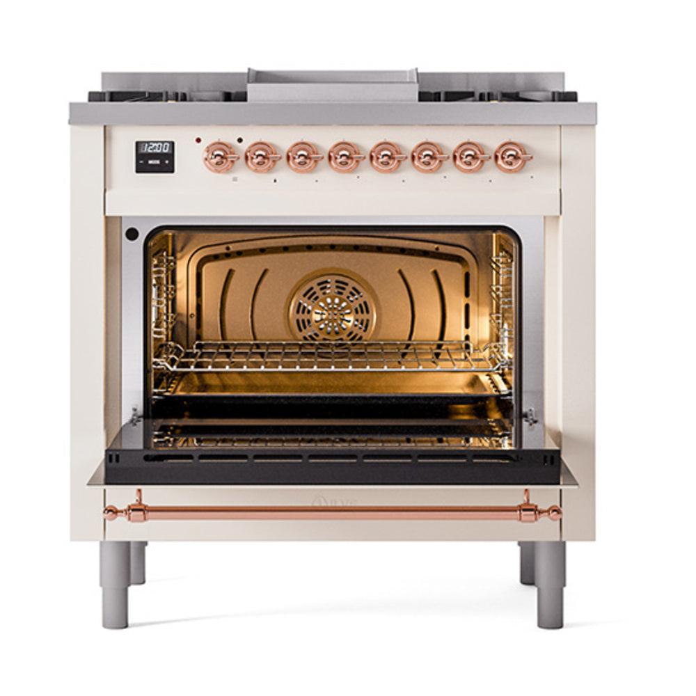 ILVE Nostalgie II 36-Inch Natural Gas Dual Fuel Range, 6 Burners, Solid Door Oven, Antique White with Copper Trim (UP36FQNMPAWP)