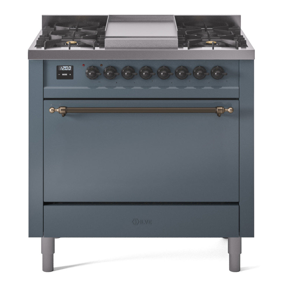 ILVE Nostalgie II 36-Inch Natural Gas Dual Fuel Range, 6 Burners, Solid Door Oven, Blue Grey with Burnished Bronze Trim (UP36FQNMPBGB)