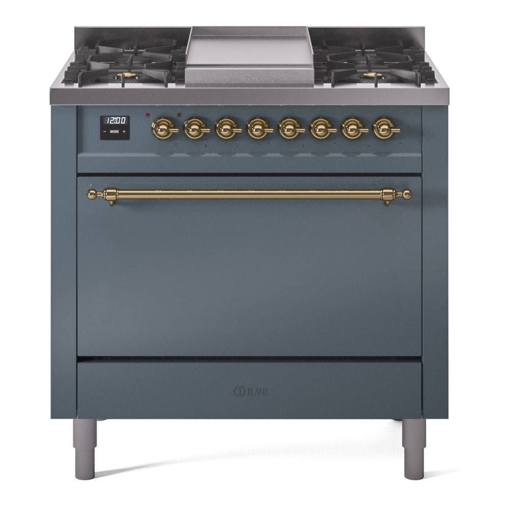 ILVE Nostalgie II 36-Inch Natural Gas Dual Fuel Range, 6 Burners, Solid Door Oven, Blue Grey with Brass Trim (UP36FQNMPBGG)
