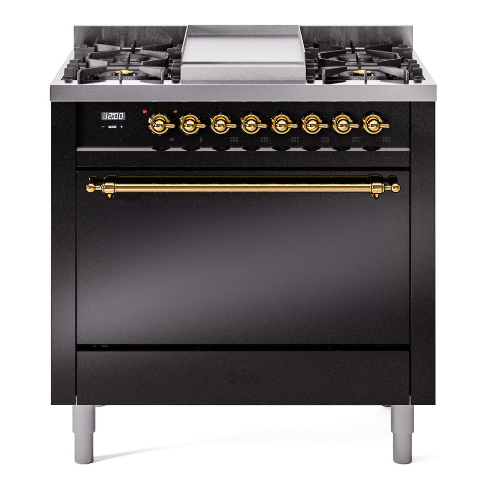 ILVE Nostalgie II 36-Inch Natural Gas Dual Fuel Range, 6 Burners, Solid Door Oven, Glossy Black with Brass Trim (UP36FQNMPBKG)