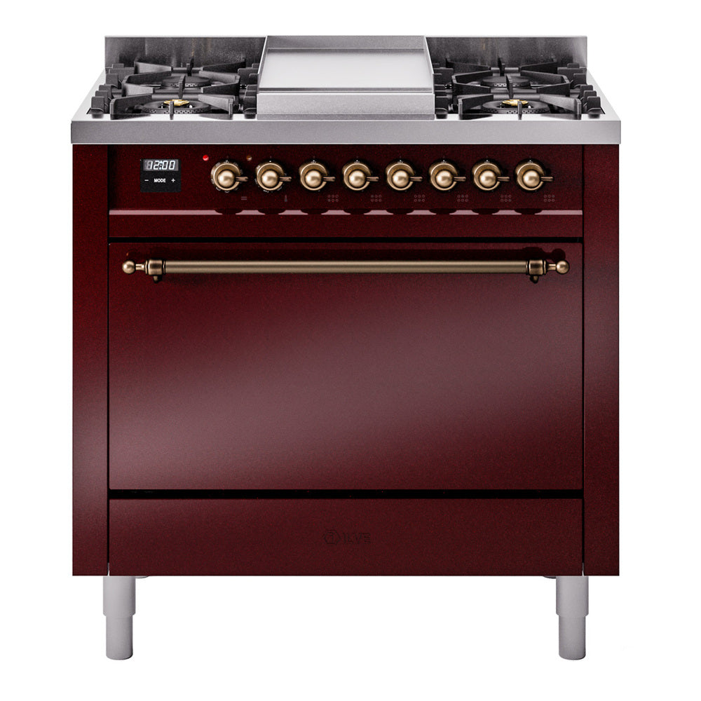 ILVE Nostalgie II 36-Inch Natural Gas Dual Fuel Range, 6 Burners, Solid Door Oven, Burgundy with Burnished Bronze Trim (UP36FQNMPBUB)