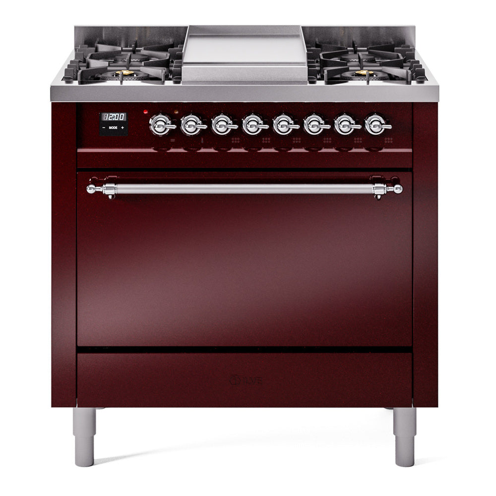 ILVE Nostalgie II 36-Inch Propane Dual Fuel Range, 6 Burners, Solid Door Oven, Burgundy with Chrome Trim (UP36FQNMPBUCLP)