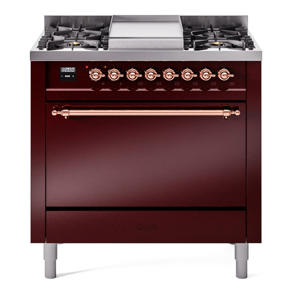 ILVE Nostalgie II 36-Inch Natural Gas Dual Fuel Range, 6 Burners, Solid Door Oven, Burgundy with Copper Trim (UP36FQNMPBUP)
