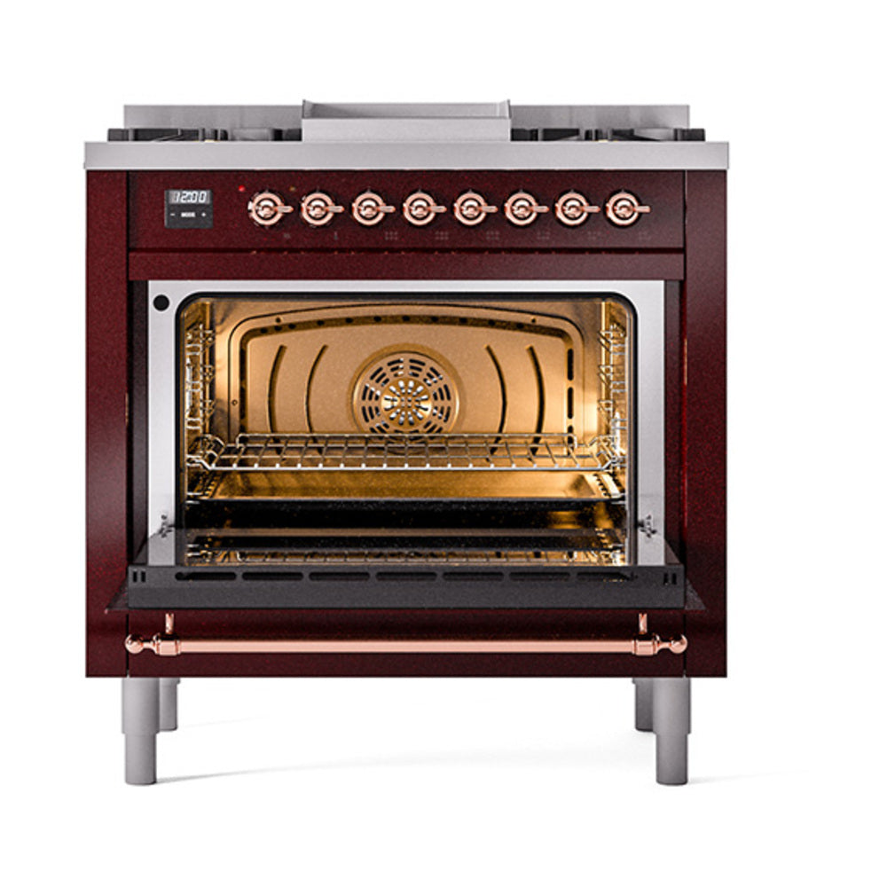 ILVE Nostalgie II 36-Inch Natural Gas Dual Fuel Range, 6 Burners, Solid Door Oven, Burgundy with Copper Trim (UP36FQNMPBUP)