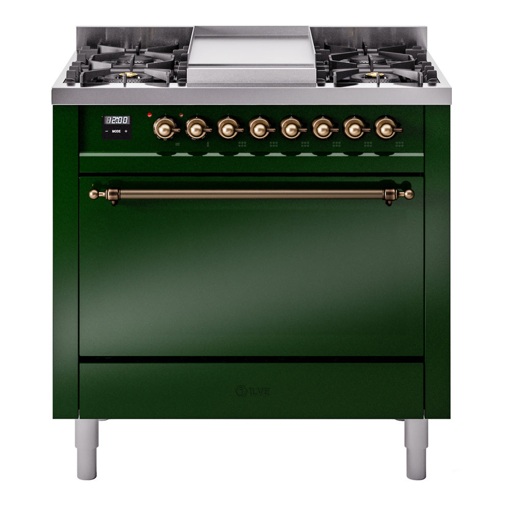 ILVE Nostalgie II 36-Inch Natural Gas Dual Fuel Range, 6 Burners, Solid Door Oven, Emerald Green with Burnished Bronze Trim (UP36FQNMPEGB)