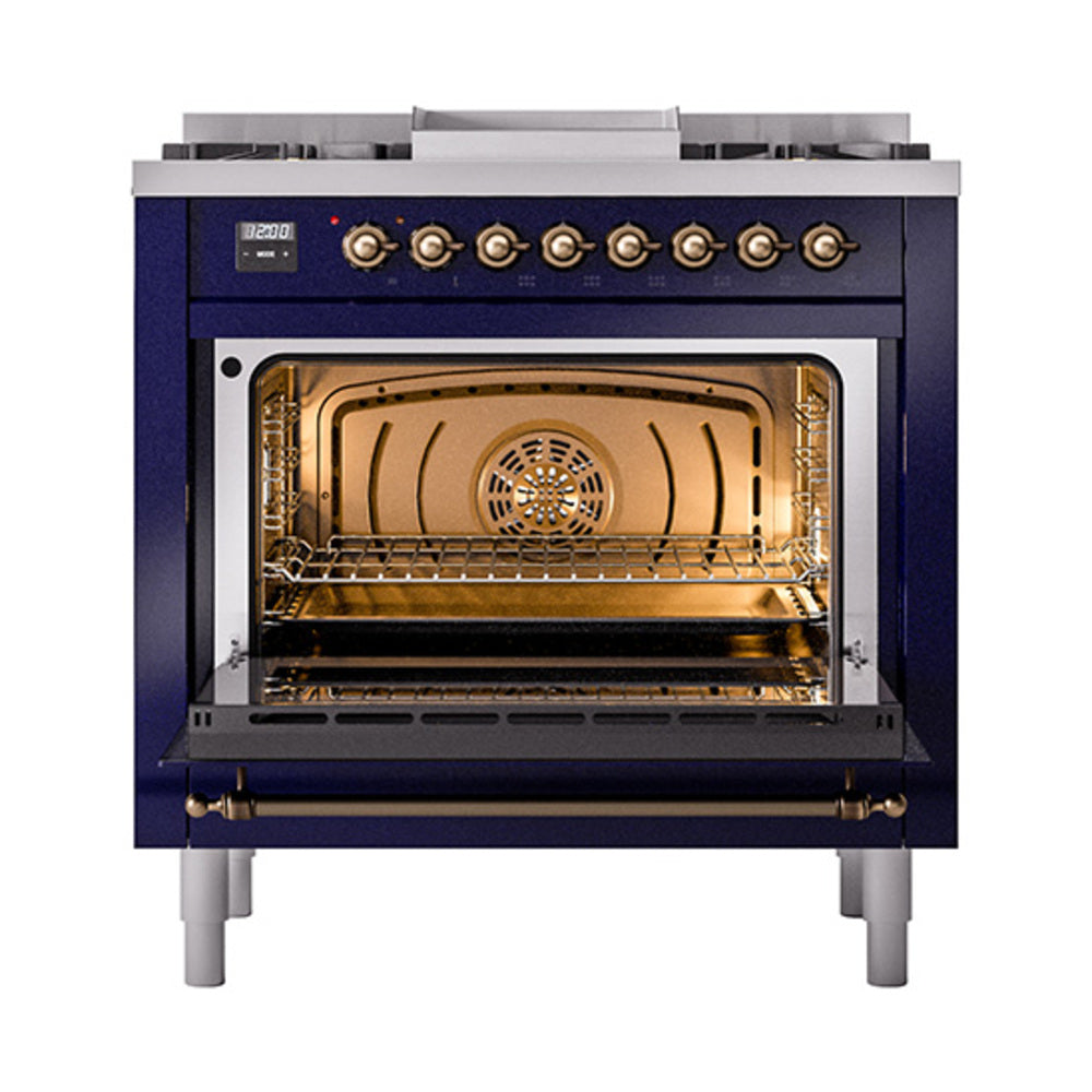ILVE Nostalgie II 36-Inch Propane Dual Fuel Range, 6 Burners, Solid Door Oven, Midnight Blue with Burnished Bronze Trim (UP36FQNMPMBBLP)