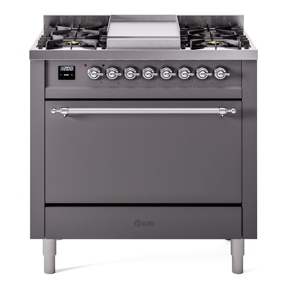ILVE Nostalgie II 36-Inch Natural Gas Dual Fuel Range, 6 Burners, Solid Door Oven, Matte Graphite with Chrome Trim (UP36FQNMPMGC)