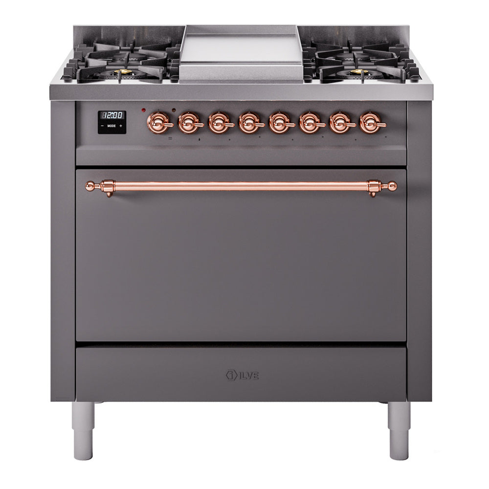 ILVE Nostalgie II 36-Inch Natural Gas Dual Fuel Range, 6 Burners, Solid Door Oven, Matte Graphite with Copper Trim (UP36FQNMPMGP)
