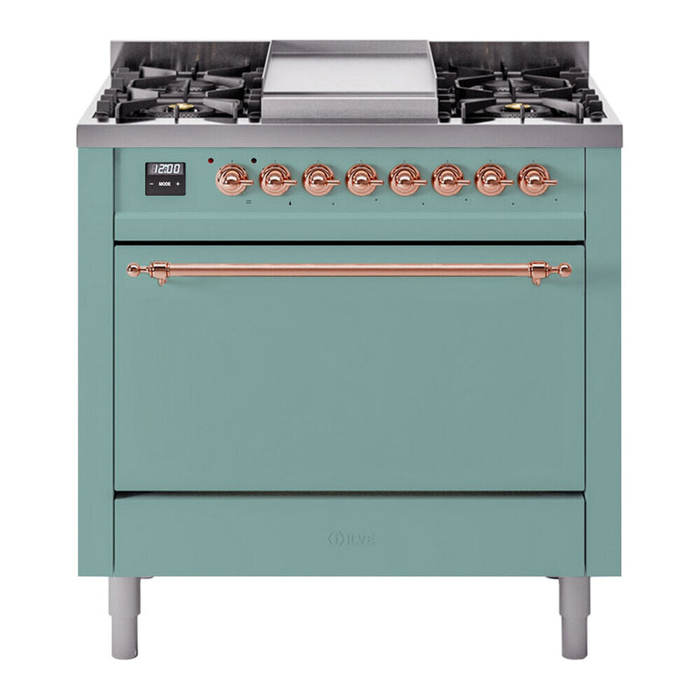 ILVE Nostalgie II 36-Inch Natural Gas Dual Fuel Range, 6 Burners, Solid Door Oven, Mediterranean Mint with Copper Trim (UP36FQNMPMMP)