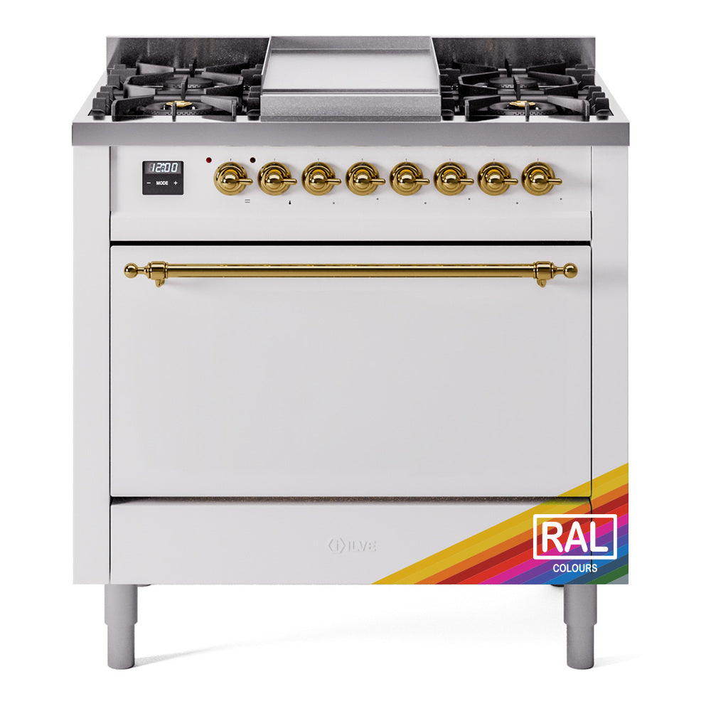 ILVE Nostalgie II 36-Inch Natural Gas Dual Fuel Range, 6 Burners, Solid Door Oven, Custom RAL with Brass Trim (UP36FQNMPRAG)