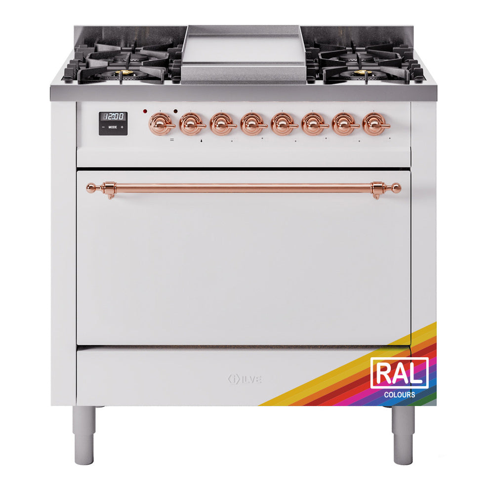 ILVE Nostalgie II 36-Inch Natural Gas Dual Fuel Range, 6 Burners, Solid Door Oven, Custom RAL with Copper Trim (UP36FQNMPRAP)