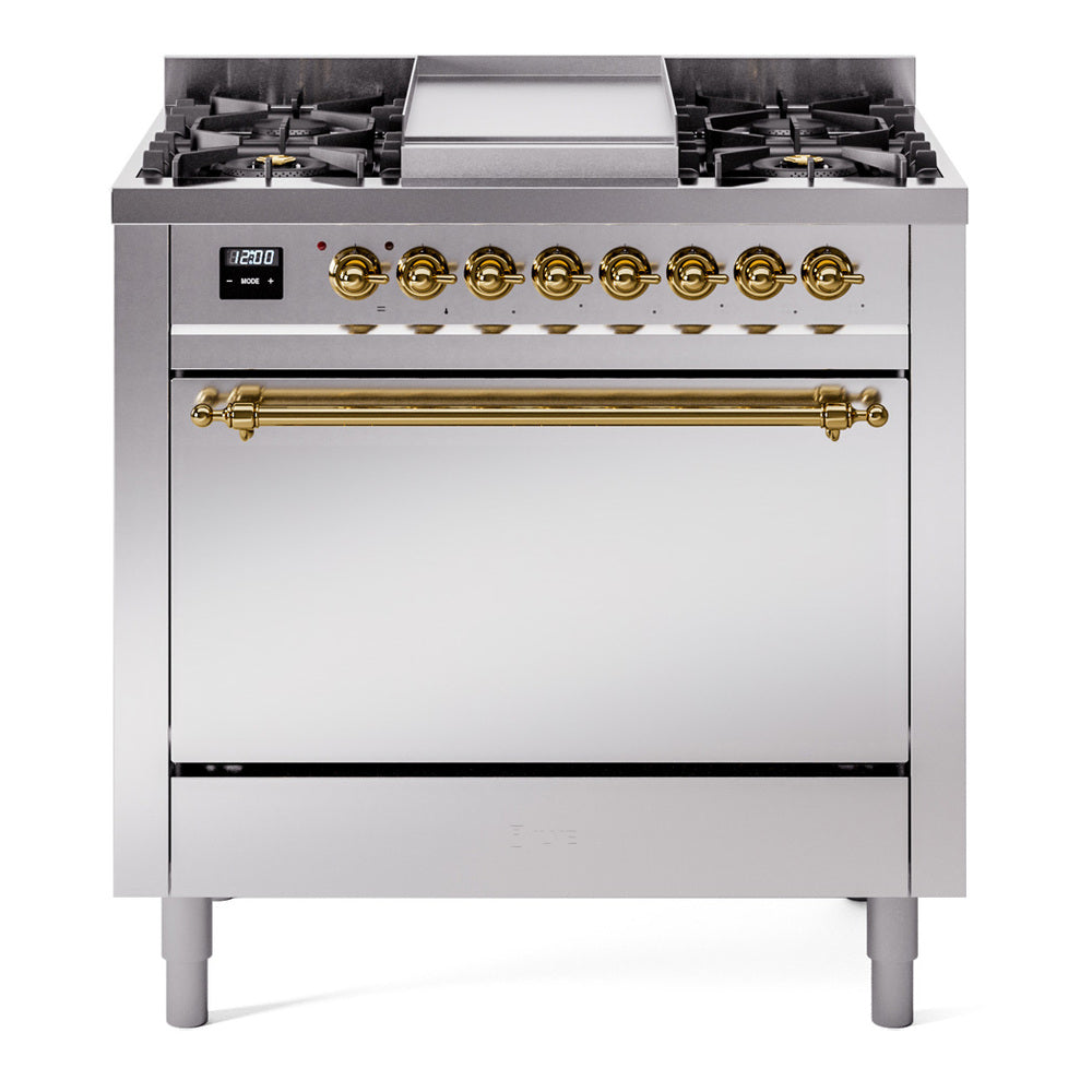 ILVE Nostalgie II 36-Inch Propane Dual Fuel Range, 6 Burners, Solid Door Oven, Stainless Steel with Brass Trim (UP36FQNMPSSGLP)