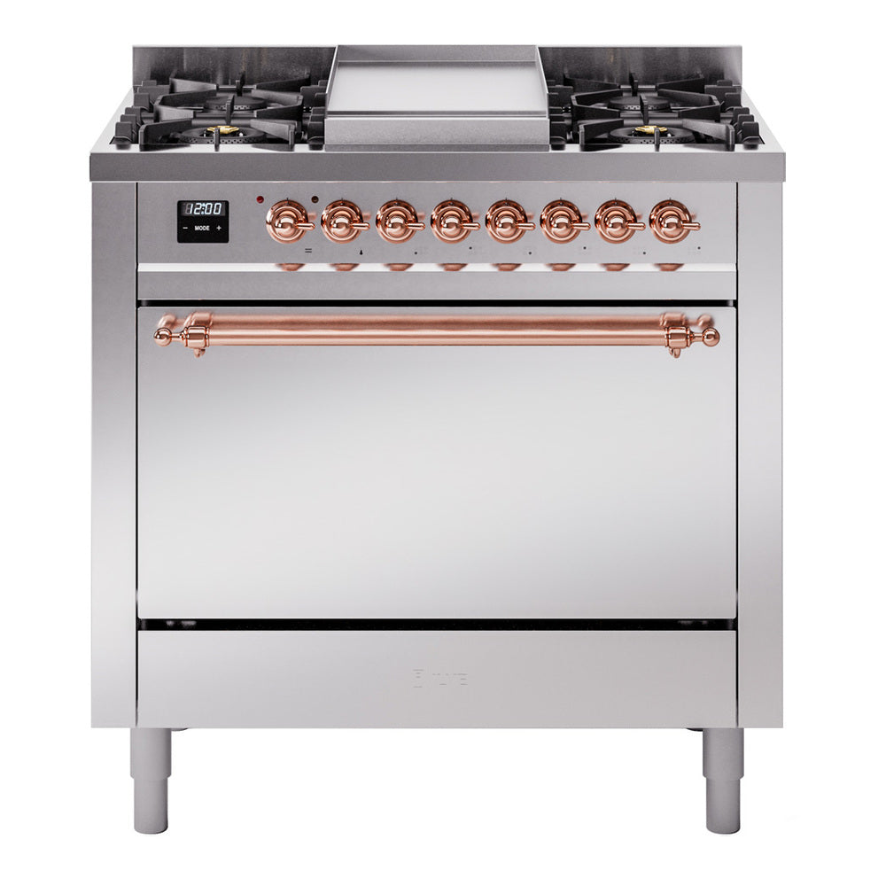 ILVE Nostalgie II 36-Inch Propane Dual Fuel Range, 6 Burners, Solid Door Oven, Stainless Steel with Copper Trim (UP36FQNMPSSPLP)