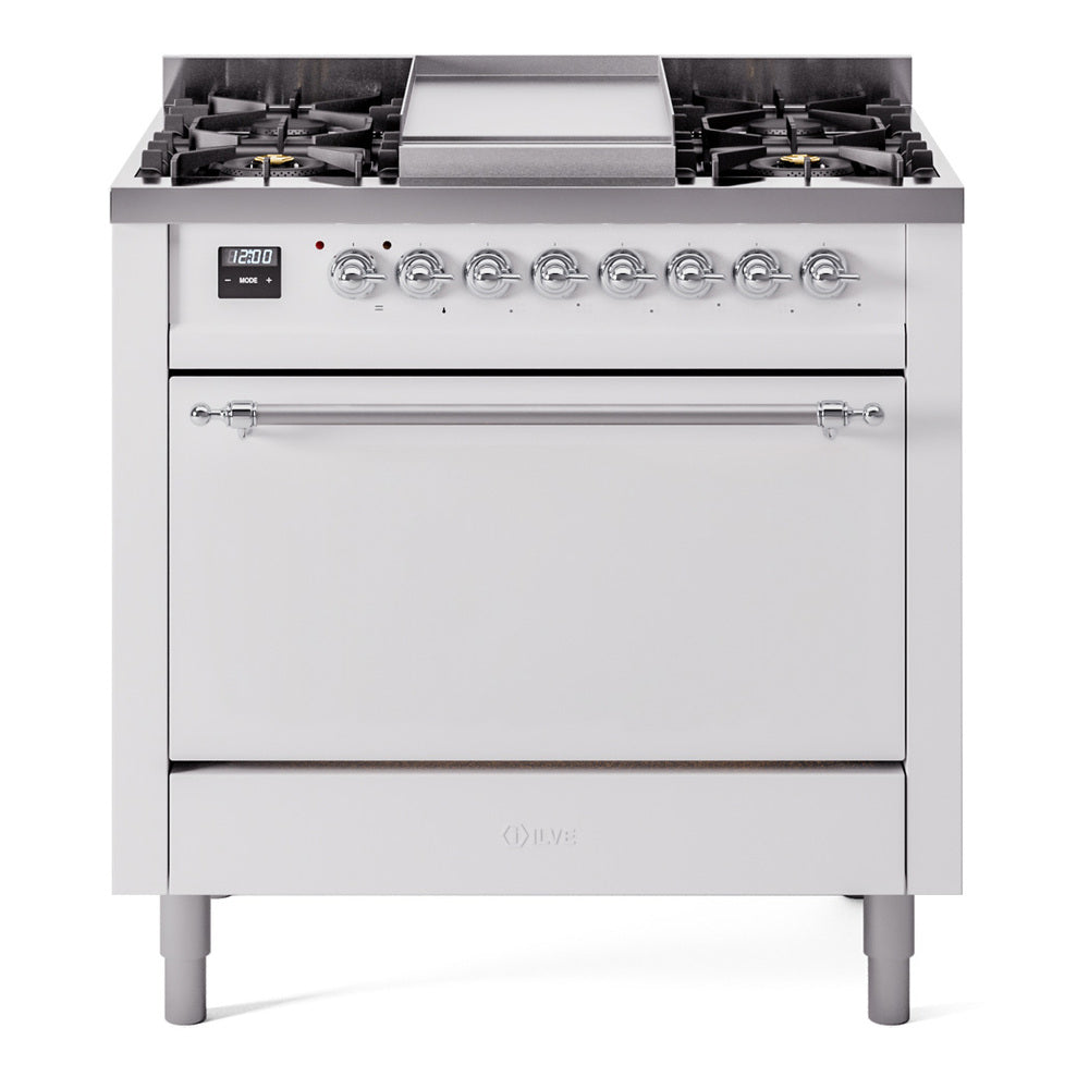 ILVE Nostalgie II 36-Inch Propane Dual Fuel Range, 6 Burners, Solid Door Oven, White with Chrome Trim (UP36FQNMPWHCLP)
