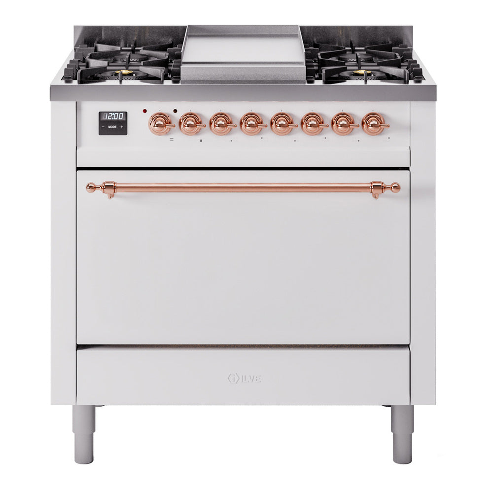 ILVE Nostalgie II 36-Inch Natural Gas Dual Fuel Range, 6 Burners, Solid Door Oven, White with Copper Trim (UP36FQNMPWHP)