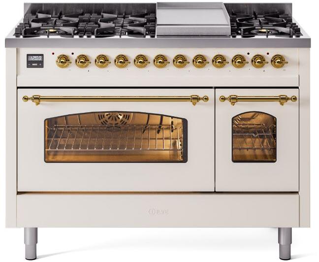 ILVE Nostalgie II 48-Inch Freestanding Dual Fuel Range, Antique White with Brass Trim (UP48FNMPAWGLP)