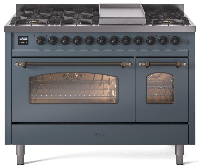 ILVE Nostalgie II 48-Inch Freestanding Dual Fuel Range, Blue Grey with Burnished Bronze Trim (UP48FNMPBGBLP)