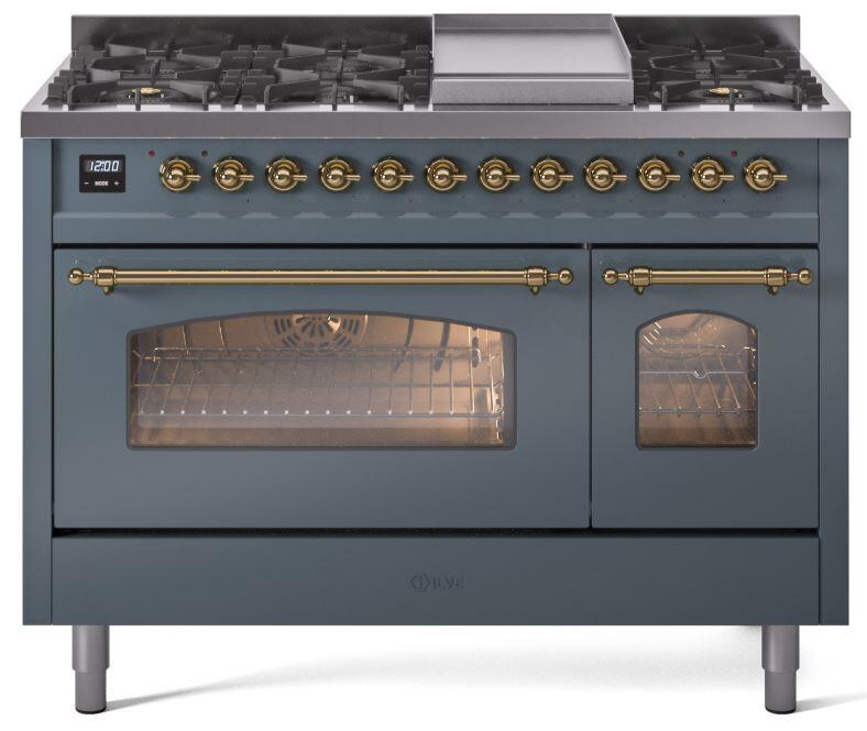 ILVE Nostalgie II 48-Inch Freestanding Dual Fuel Range, Blue Grey with Brass Trim (UP48FNMPBGGLP)