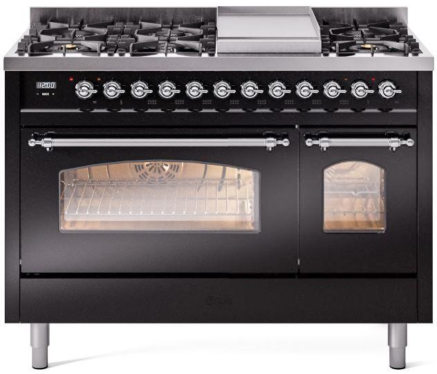 ILVE Nostalgie II 48-Inch Freestanding Dual Fuel Range, Glossy Black with Chrome Trim (UP48FNMPBKCLP)