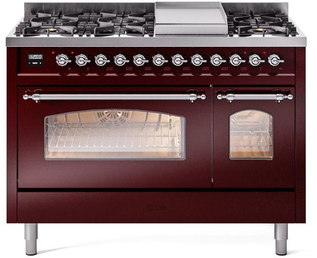 ILVE Nostalgie II 48-Inch Freestanding Natural Gas Dual Fuel Range, Burgundy with Chrome Trim (UP48FNMPBUC)