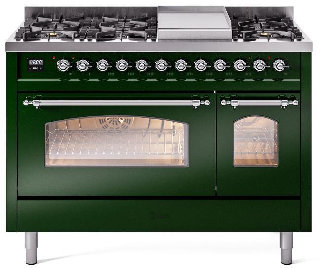ILVE Nostalgie II 48-Inch Freestanding Dual Fuel Range, Emerald Green with Chrome Trim (UP48FNMPEGCLP)