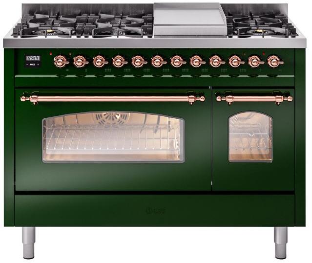 ILVE Nostalgie II 48-Inch Freestanding Dual Fuel Range, Emerald Green with Copper Trim (UP48FNMPEGPLP)