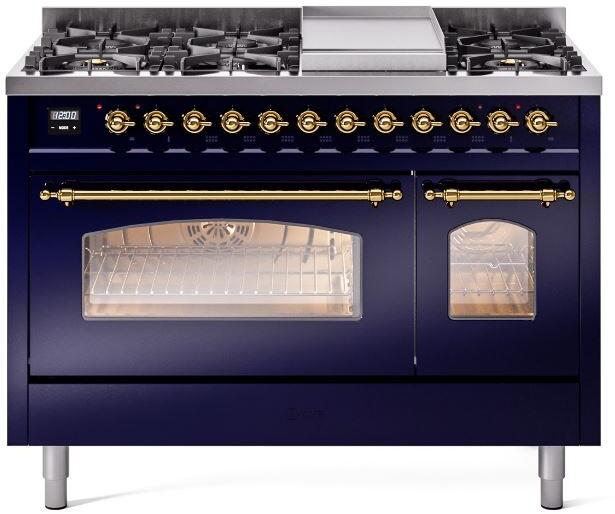 ILVE Nostalgie II 48-Inch Freestanding Natural Gas Dual Fuel Range, Midnight Blue with Brass Trim (UP48FNMPMBG)