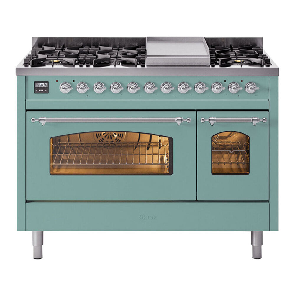 ILVE Nostalgie II 48-Inch Freestanding Propane Dual Fuel Range, Mediterranean Mint with Chrome Trim (UP48FNMPMMCLP)