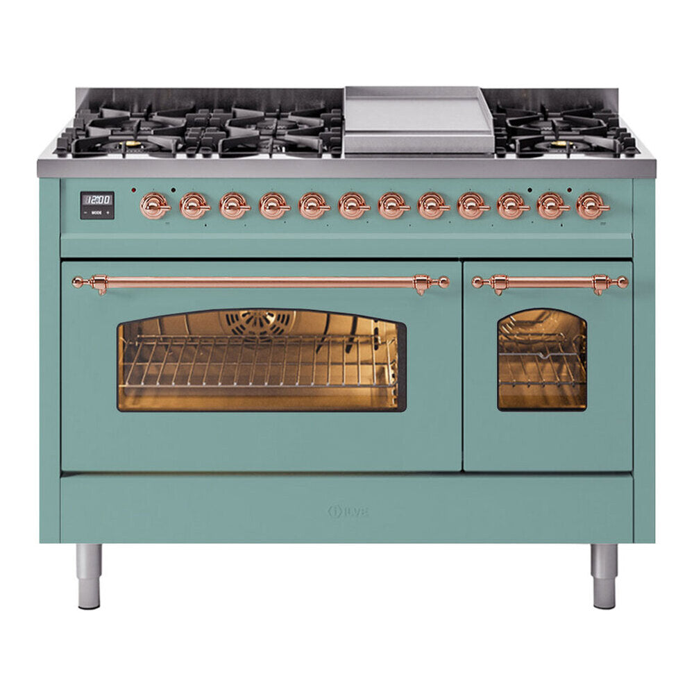 ILVE Nostalgie II 48-Inch Freestanding Natural Gas Dual Fuel Range, Mediterranean Mint with Copper Trim (UP48FNMPMMP)
