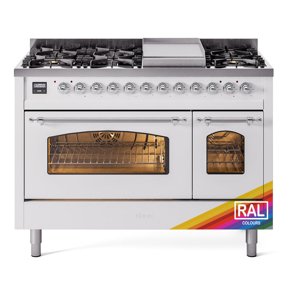 ILVE Nostalgie II 48-Inch Freestanding Dual Fuel Range, Custom RAL with Chrome Trim (UP48FNMPRACLP)