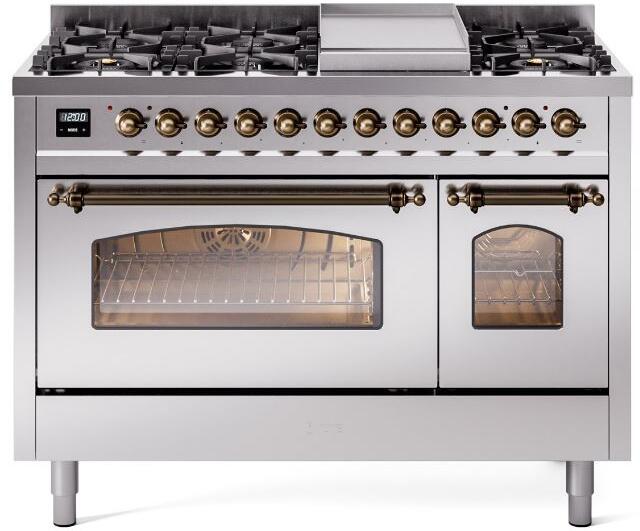 ILVE Nostalgie II 48-Inch Freestanding Dual Fuel Range, Stainless Steel with Burnished Bronze Trim (UP48FNMPSSBLP)