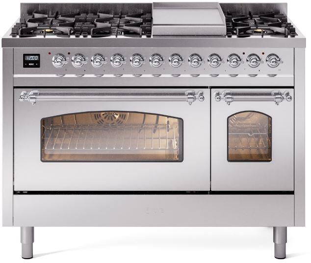 ILVE Nostalgie II 48-Inch Freestanding Natural Gas Dual Fuel Range, Stainless Steel with Chrome Trim (UP48FNMPSSC)