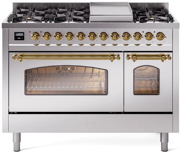 ILVE Nostalgie II 48-Inch Freestanding Dual Fuel Range, Stainless Steel with Brass Trim (UP48FNMPSSGLP)
