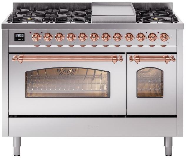ILVE Nostalgie II 48-Inch Freestanding Natural Gas Dual Fuel Range, Stainless Steel with Copper Trim (UP48FNMPSSP)