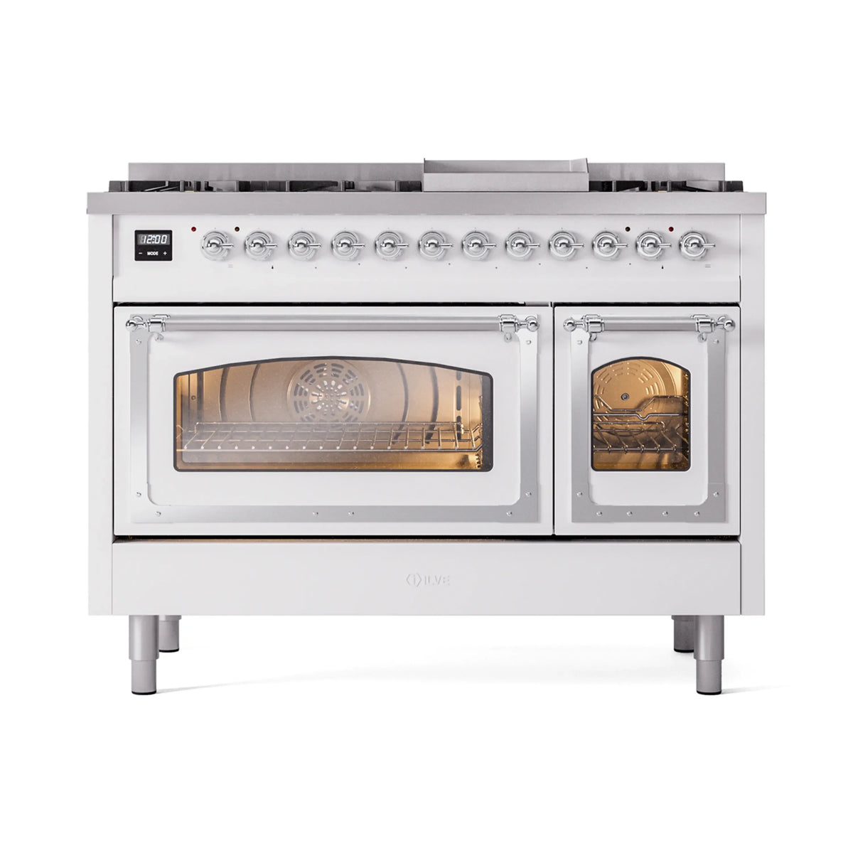 ILVE Nostalgie II Noblesse 48-Inch Freestanding Natural Gas Dual Fuel Range, White with Chrome Trim (UN48FNMPWHC)