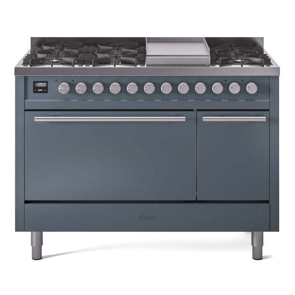 ILVE Professional Plus II 48-Inch Natural Gas Dual Fuel Range, 8 Burners, Griddle, Solid Door, Blue Grey (UP48FQMPBG)