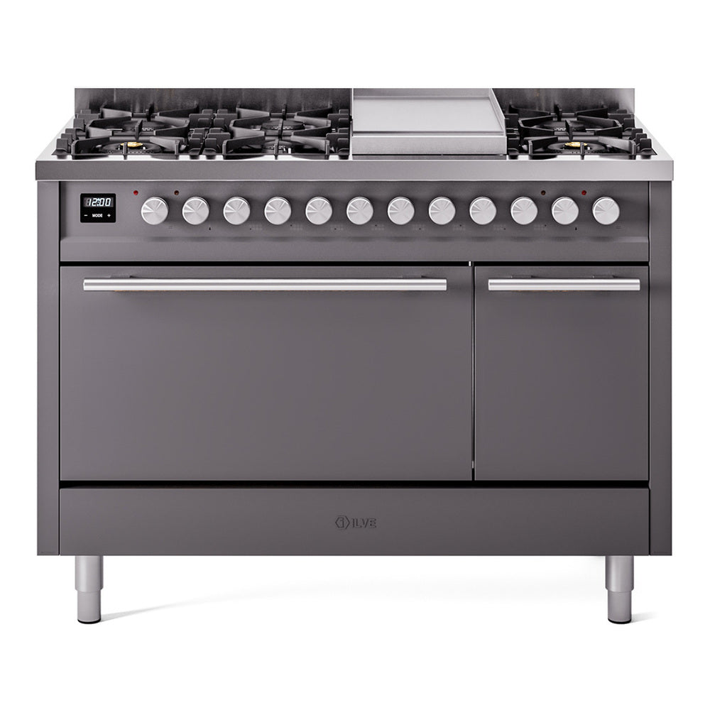 ILVE Professional Plus II 48-Inch Propane Dual Fuel Range, 8 Burners, Griddle, Solid Door, Matte Graphite (UP48FQMPMGLP)