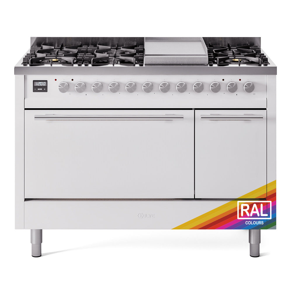 ILVE Professional Plus II 48-Inch Natural Gas Dual Fuel Range, 8 Burners, Griddle, Solid Door, RAL (UP48FQMPRA)