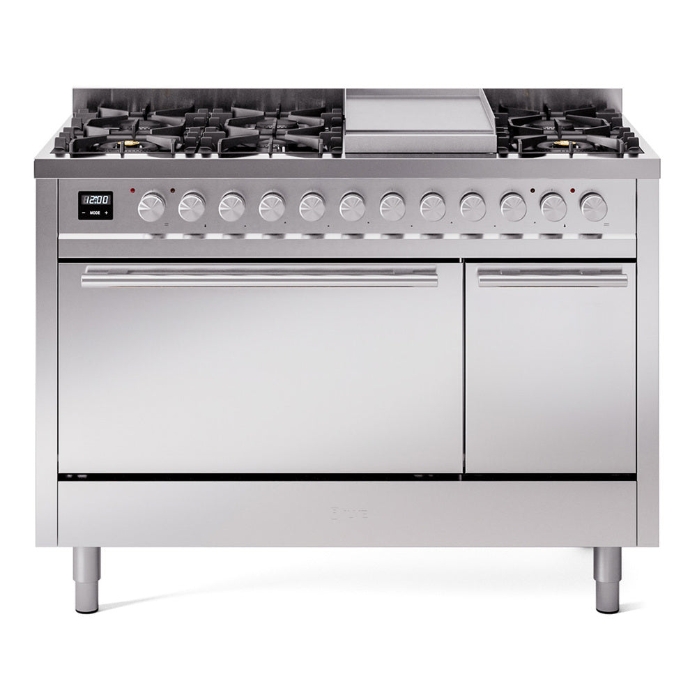 ILVE Professional Plus II 48-Inch Natural Gas Dual Fuel Range, 8 Burners, Griddle, Solid Door, Stainless Steel (UP48FQMPSS)