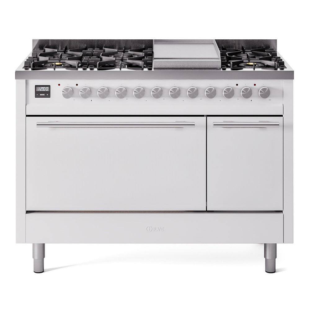 ILVE Professional Plus II 48-Inch Natural Gas Dual Fuel Range, 8 Burners, Griddle, Solid Door, White (UP48FQMPWH)