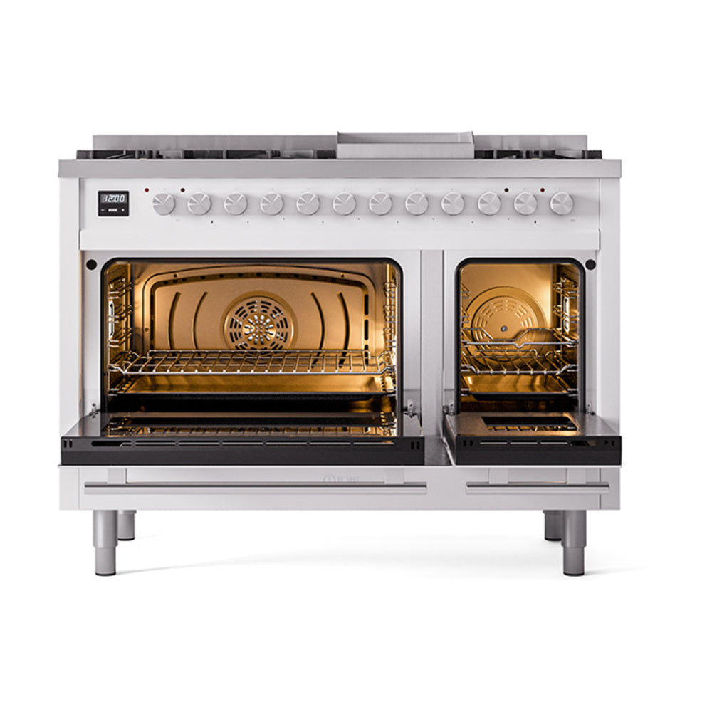 ILVE Professional Plus II 48-Inch Propane Dual Fuel Range, 8 Burners, Griddle, Solid Door, White (UP48FQMPWHLP)