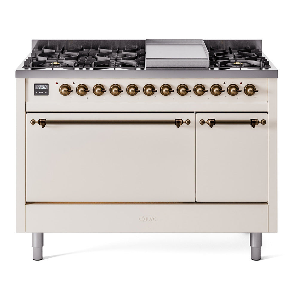 ILVE Nostalgie II 48-Inch Natural Gas Dual Fuel Range, 8 Burners, Griddle, Solid Door, Antique White with Burnished Bronze Trim (UP48FQNMPAWB)
