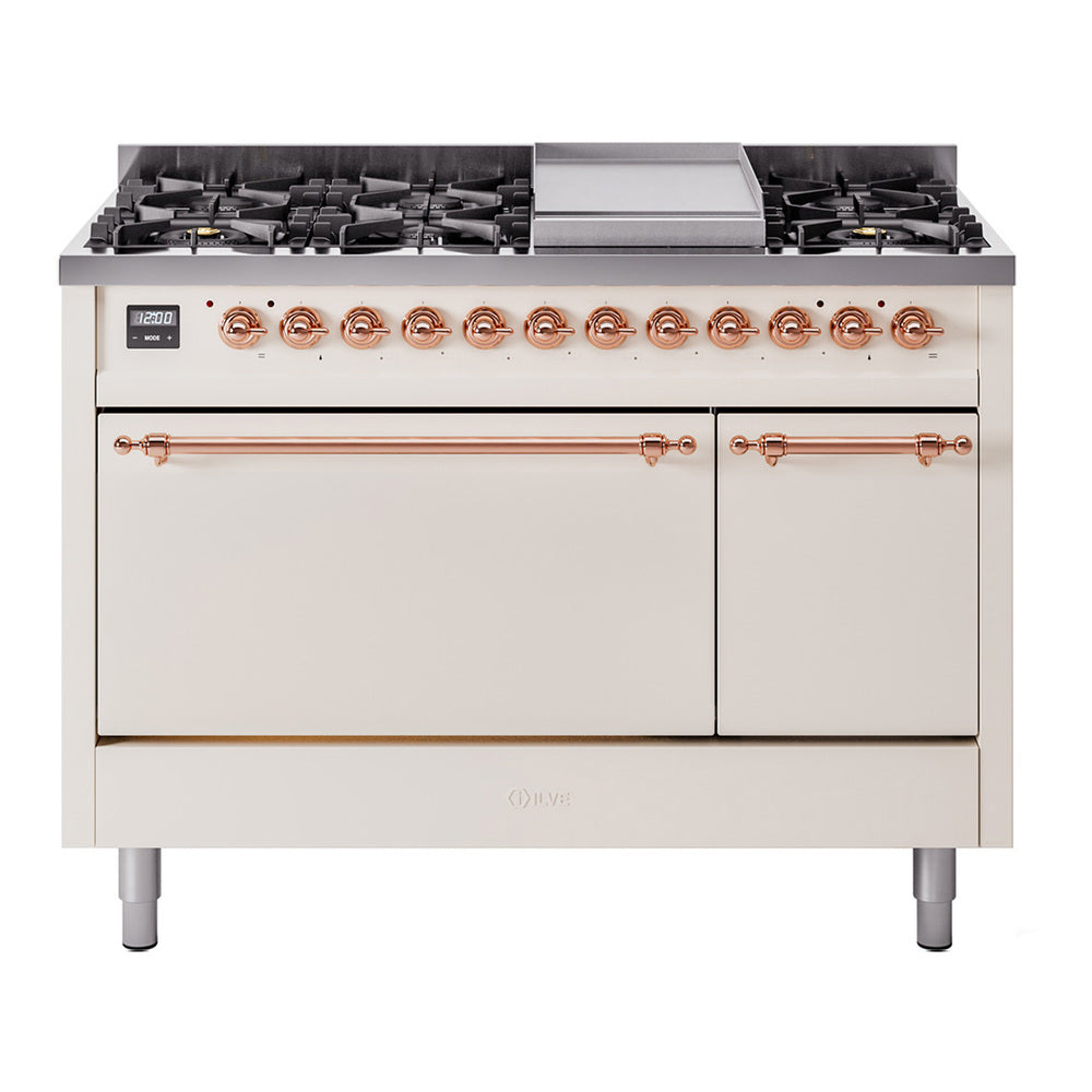 ILVE Nostalgie II 48-Inch Natural Gas Dual Fuel Range, 8 Burners, Griddle, Solid Door, Antique White with Copper Trim (UP48FQNMPAWP)