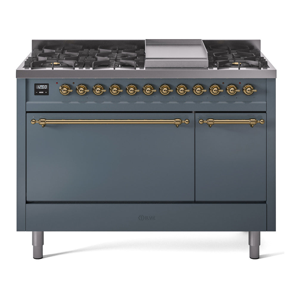ILVE Nostalgie II 48-Inch Natural Gas Dual Fuel Range, 8 Burners, Griddle, Solid Door, Blue Grey with Brass Trim (UP48FQNMPBGG)