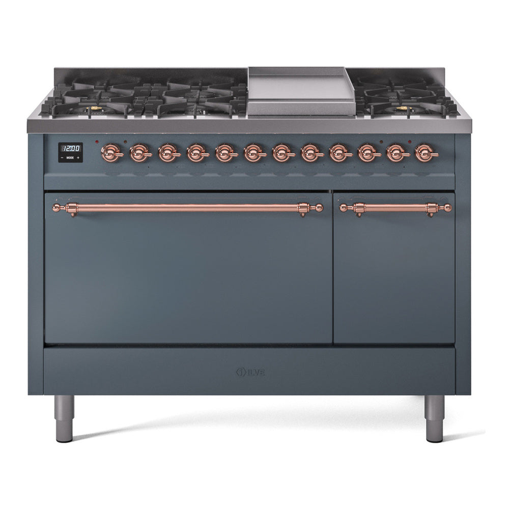 ILVE Nostalgie II 48-Inch Natural Gas Dual Fuel Range, 8 Burners, Griddle, Solid Door, Blue Grey with Copper Trim (UP48FQNMPBGP)