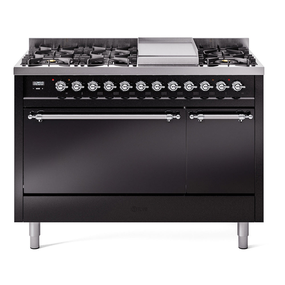ILVE Nostalgie II 48-Inch Natural Gas Dual Fuel Range, 8 Burners, Griddle, Solid Door, Glossy Black with Chrome Trim (UP48FQNMPBKC)