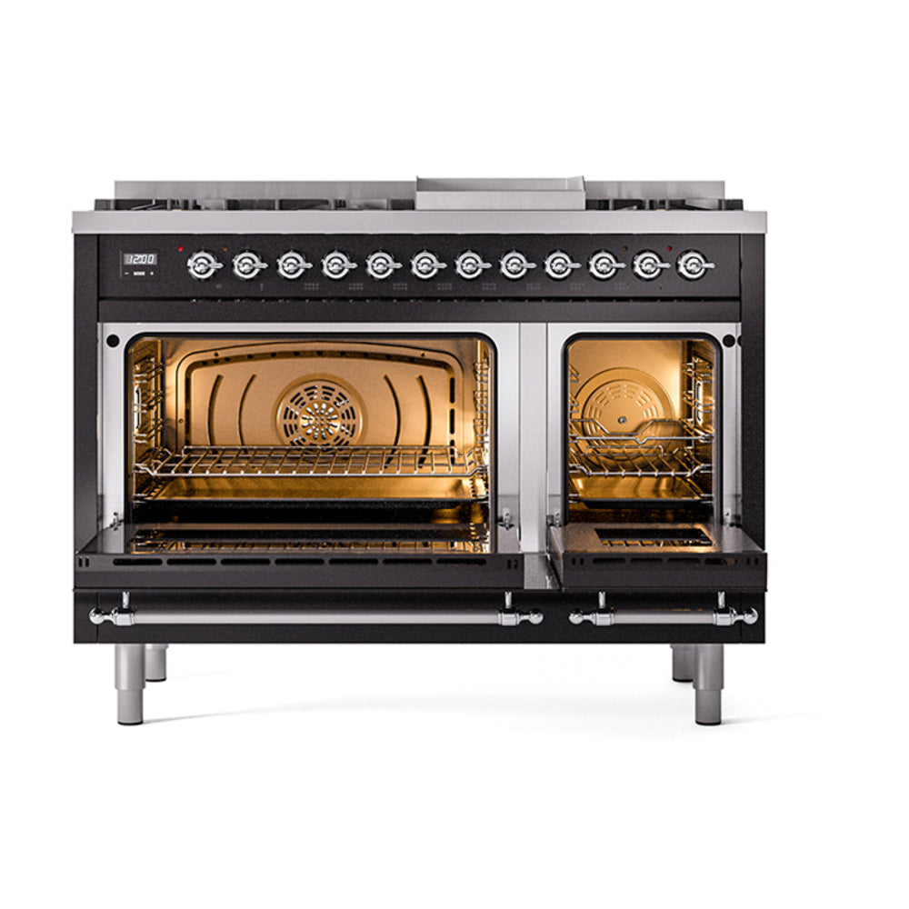 ILVE Nostalgie II 48-Inch Natural Gas Dual Fuel Range, 8 Burners, Griddle, Solid Door, Glossy Black with Chrome Trim (UP48FQNMPBKC)