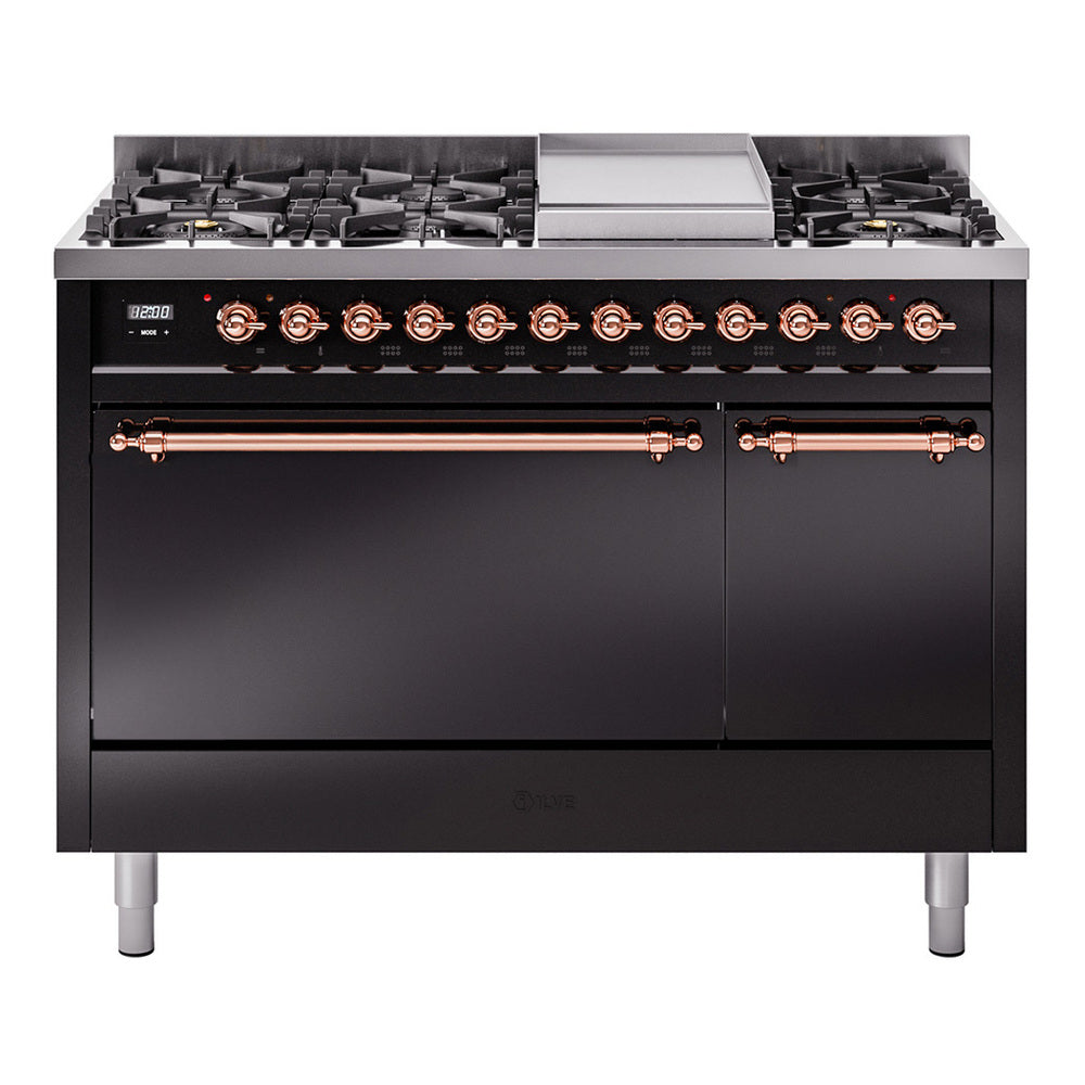 ILVE Nostalgie II 48-Inch Natural Gas Dual Fuel Range, 8 Burners, Griddle, Solid Door, Glossy Black with Copper Trim (UP48FQNMPBKP)