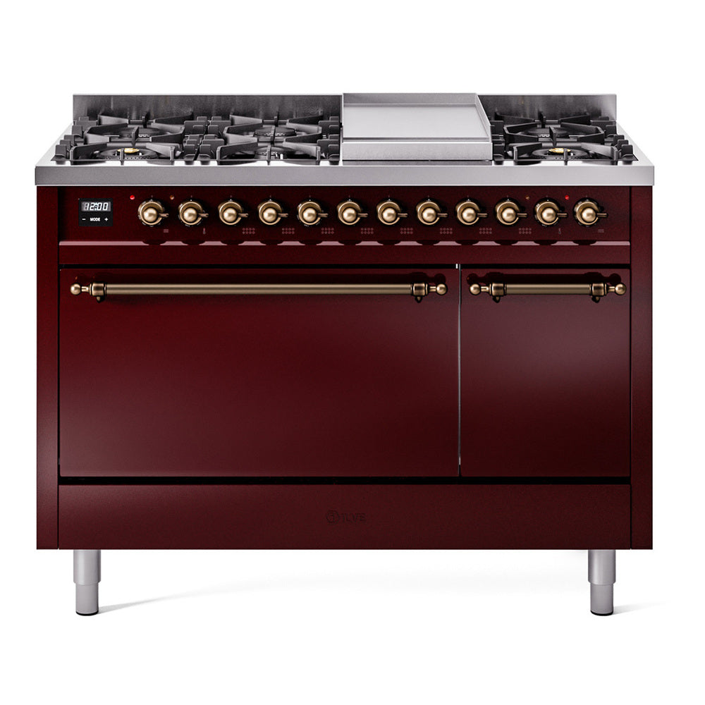 ILVE Nostalgie II 48-Inch Propane Dual Fuel Range, 8 Burners, Griddle, Solid Door, Burgundy with Burnished Bronze Trim (UP48FQNMPBUBLP)